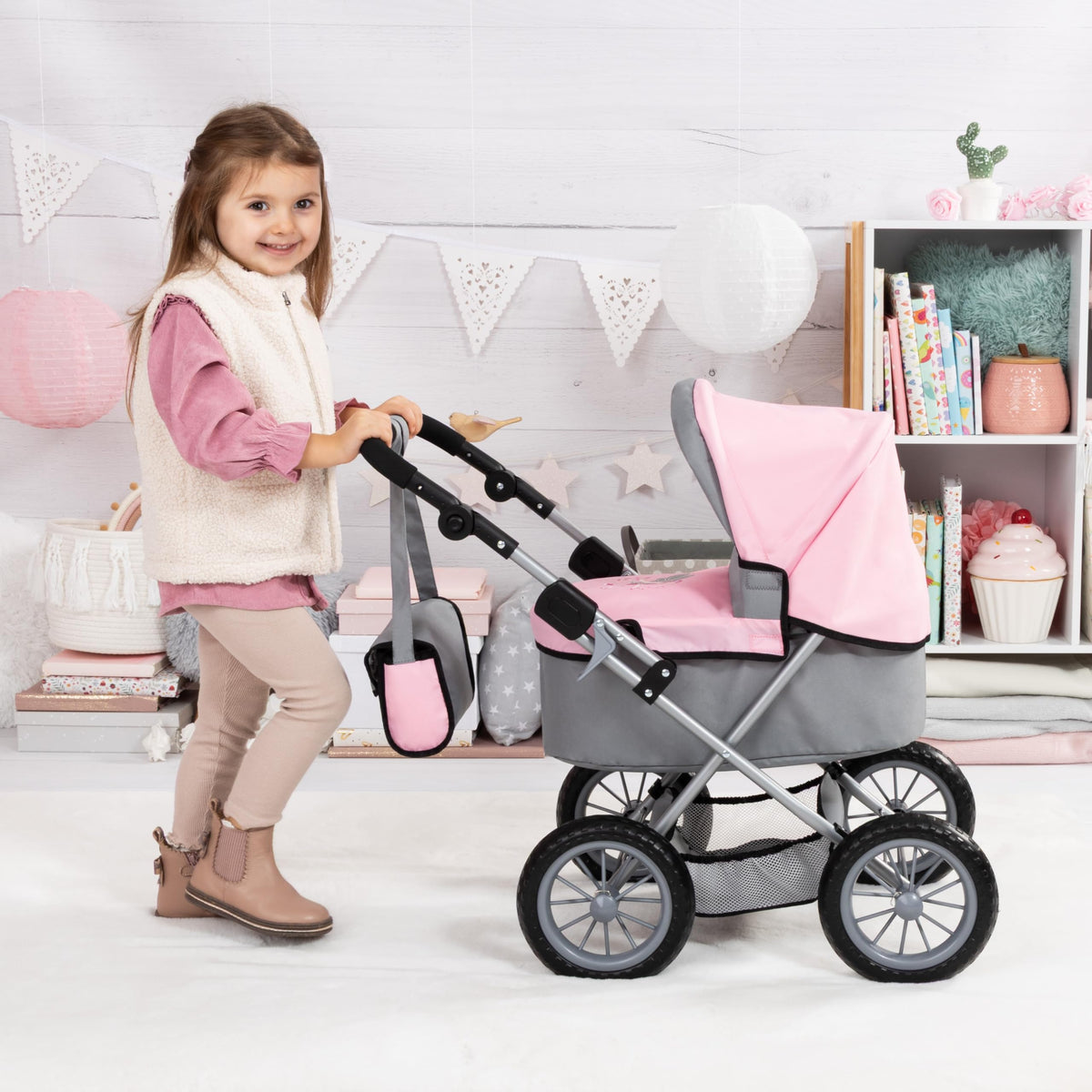 Bayer Design Baby Doll Stroller & Pram for Kids Ages 2-8, Grey/Pink