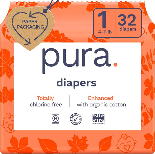 Pura Hypoallergenic Diapers, Size 1 (4-11 lbs), Newborn, Totally Chlorine Free, Wetness Indicator