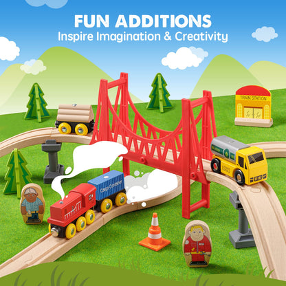 Tiny Land 55PCS Wooden Train Set, Durable Wooden Railway Tracks
