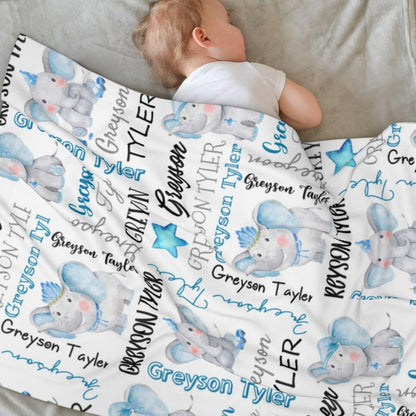 Personalized Elephant Swaddle Blanket with Name - Custom Baby Blanket for Boys & Toddlers - Kids &