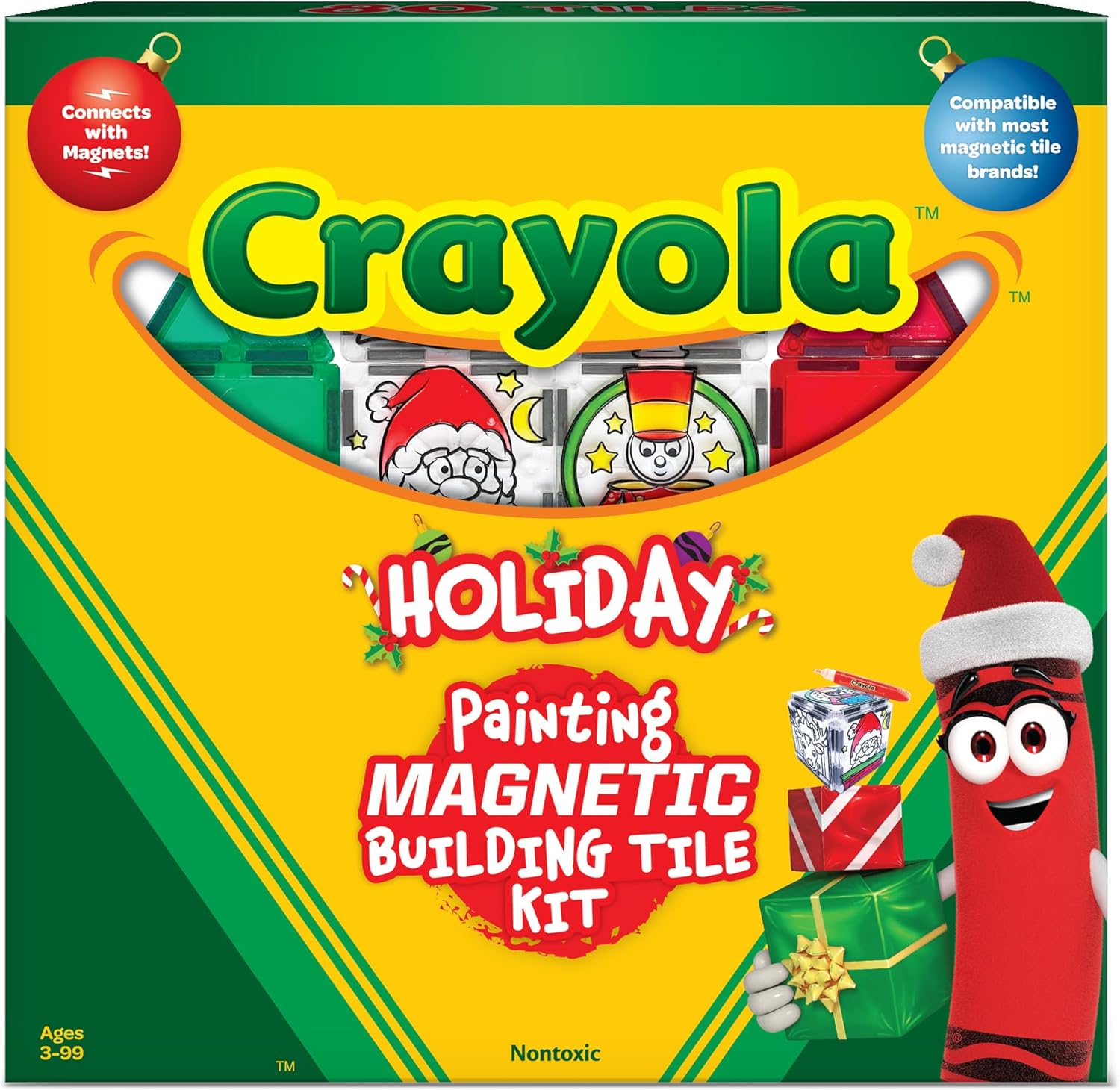 CreateOn Crayola PaintOn Holiday Magnetic Tiles, Magnetic Kids’ Building Toys, STEM Learning Travel