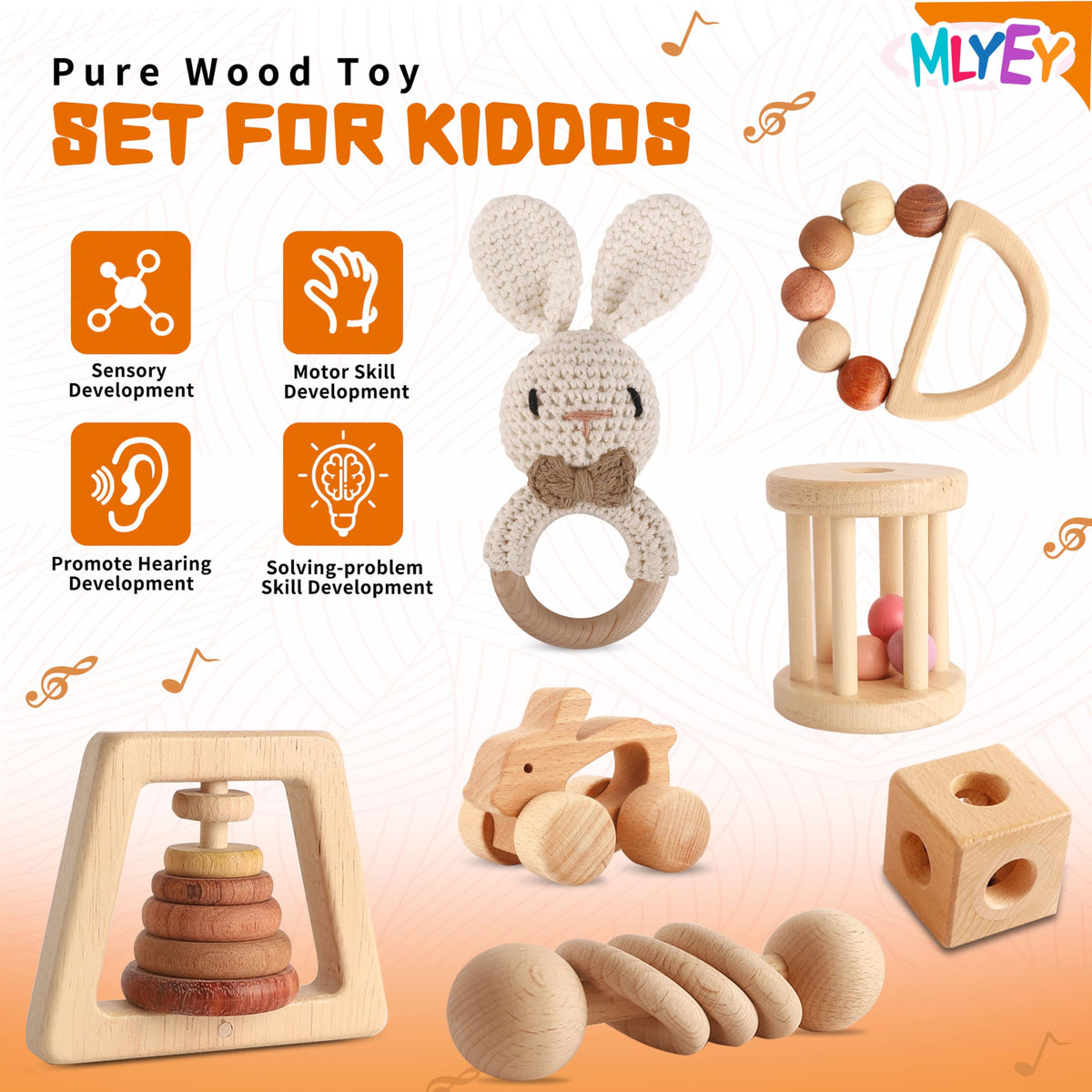 Wooden Toys for Babies, 7PCS Wooden Baby Rattle for 7-24 Months Boys Girls, Natural Wood Montessori