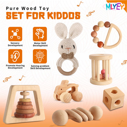 Wooden Toys for Babies, 7PCS Wooden Baby Rattle for 7-24 Months Boys Girls, Natural Wood Montessori