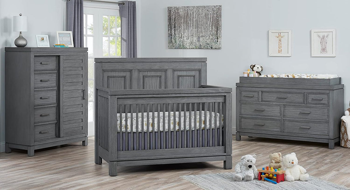 Soho Baby Manchester Premium 4-in-1 Convertible Crib, Flat-Top Headboard, Rustic Gray, GreenGuard