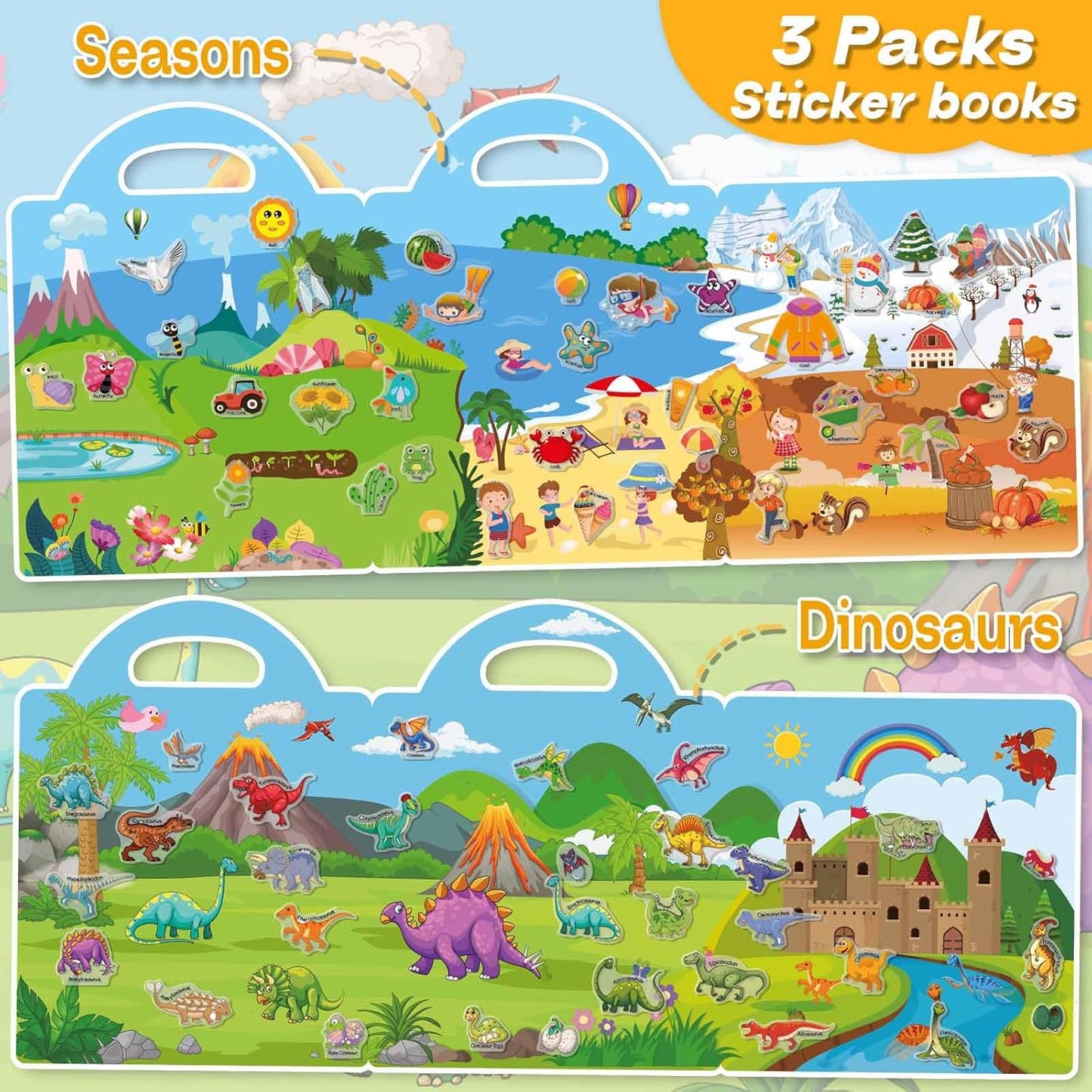 3 Sets Sticker Books for Toddlers 2-4 Years, Reusable Stickers Books for Toddlers 1-3, Travel Toys