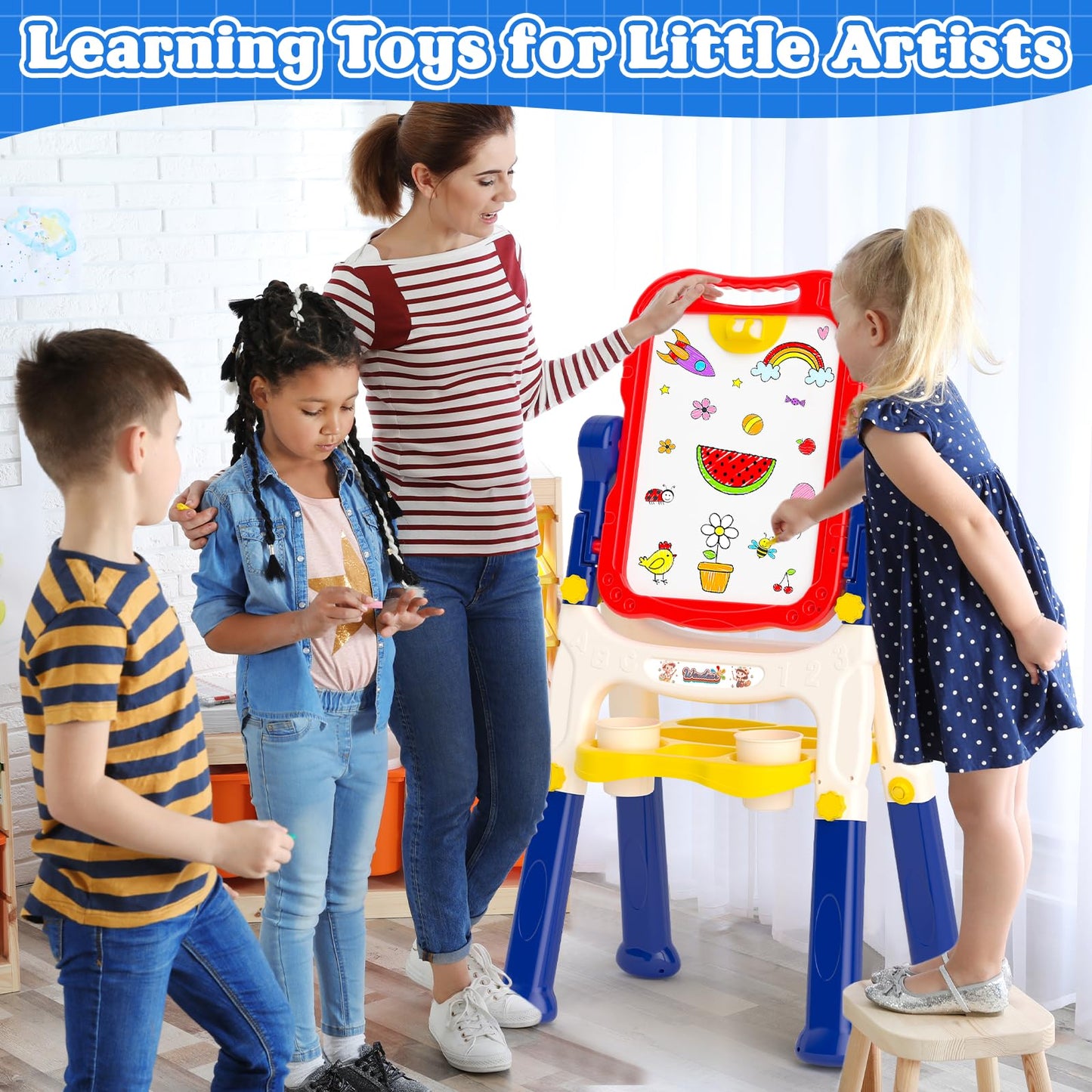 Easel for Kids Toys, Double-Sided Magnetic Chalk Board & Dry Erase Board