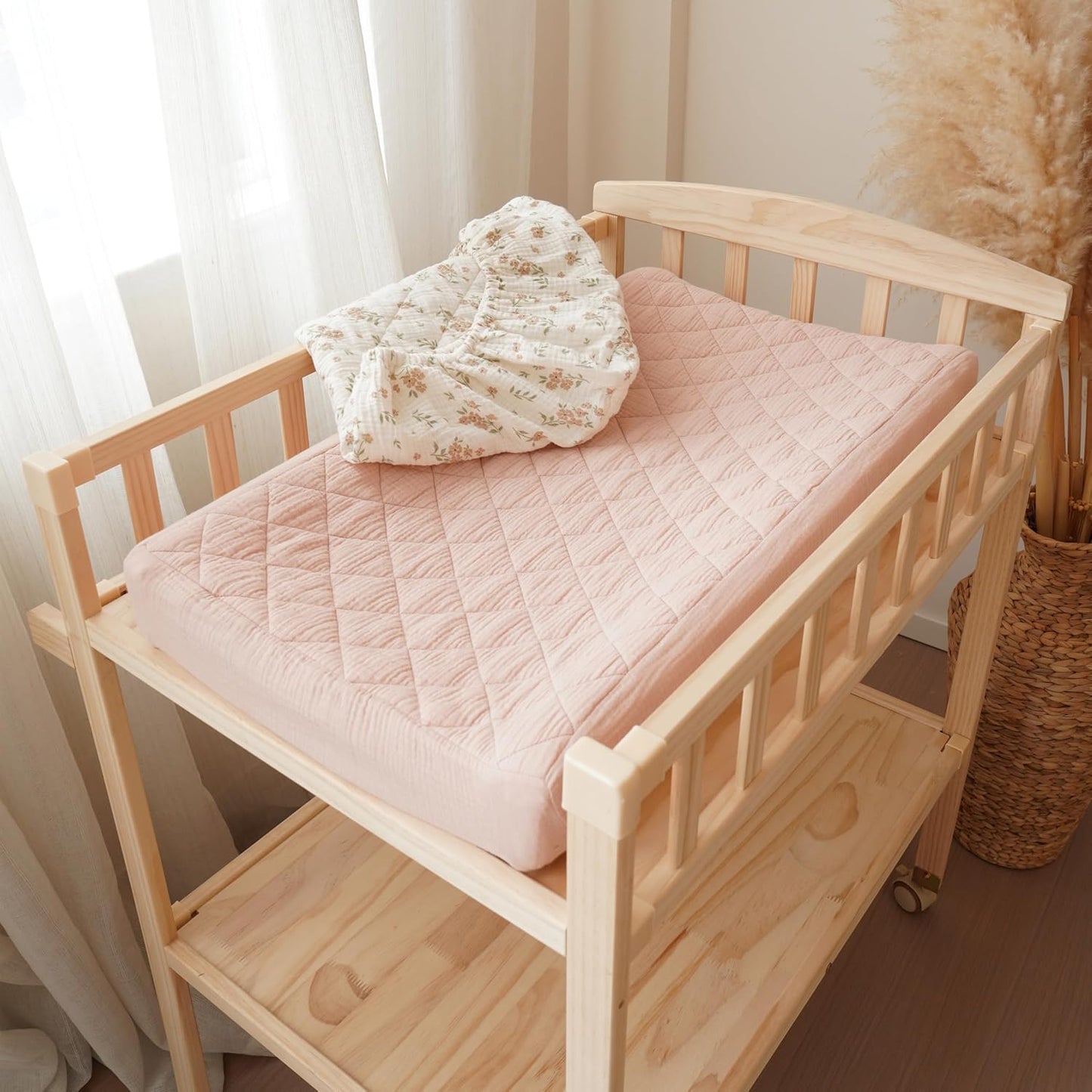 Konssy Waterproof Muslin Changing Pad Cover 2 Pack, Quilted Cotton Fitted Diaper Chang Table Cover