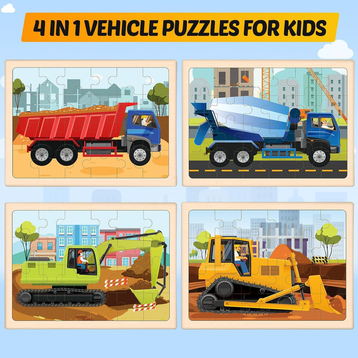 Wooden Puzzles for Kids Ages 4-6, 4 Packs 24 PCS Construction Vehicle Jigsaw Puzzles for Kids Ages