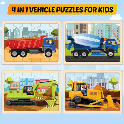 Wooden Puzzles for Kids Ages 4-6, 4 Packs 24 PCS Construction Vehicle Jigsaw Puzzles for Kids Ages