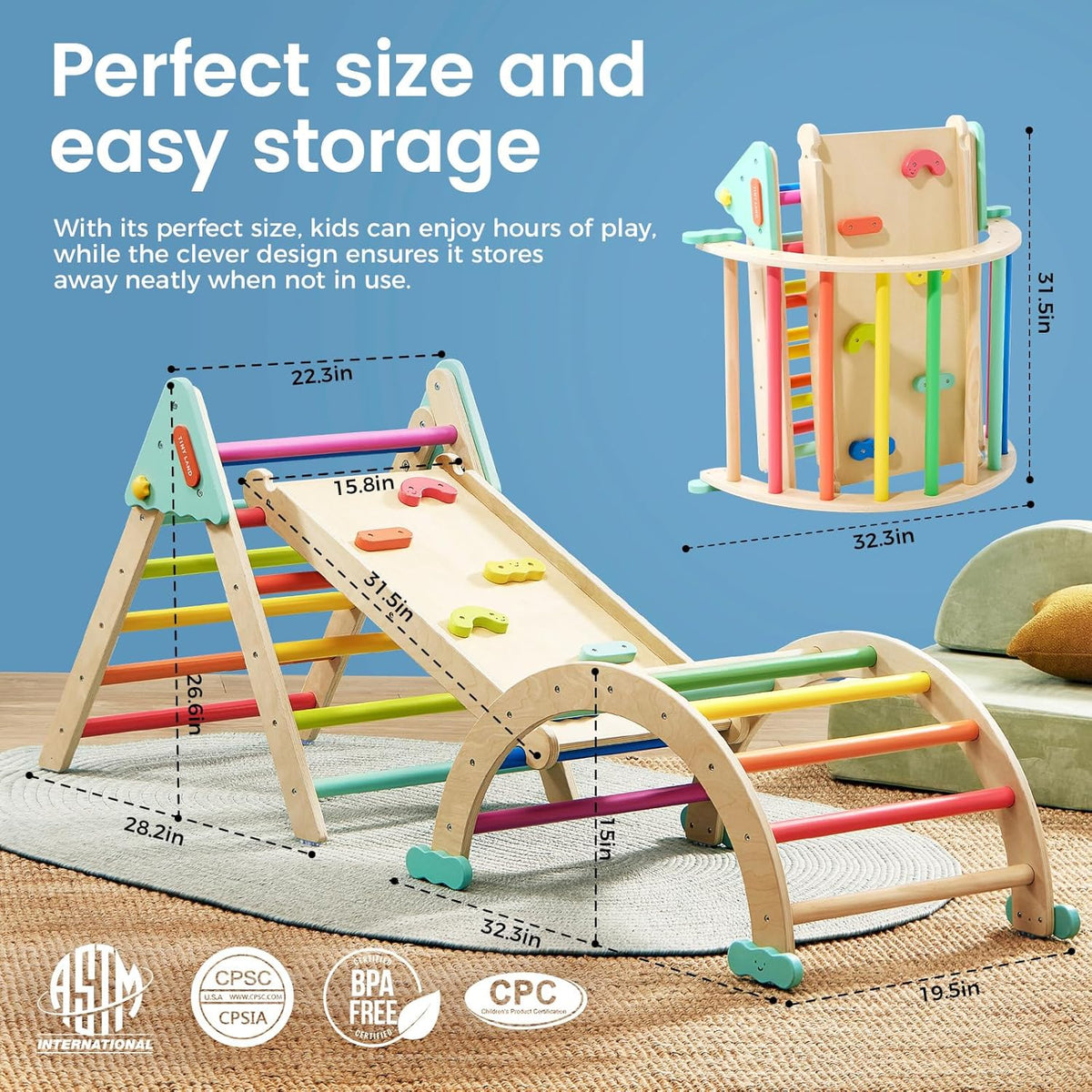 Tiny Land Pikler Triangle Set,7-in-1 Foldable Montessori Toddler Climbing Toys Indoor, Wooden