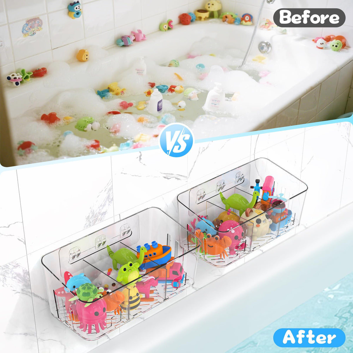Bath Toy Storage 2 Packs, Large Bath Toy Holder - 3 Compartments, Quick-Dry