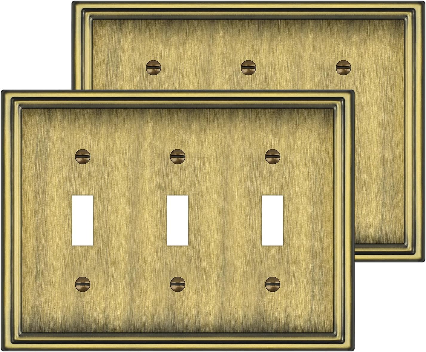 2 Pack Triple Toggle Light Switch Covers Plate, Antique Brass Metal Material Switch Plate Covers, 3
