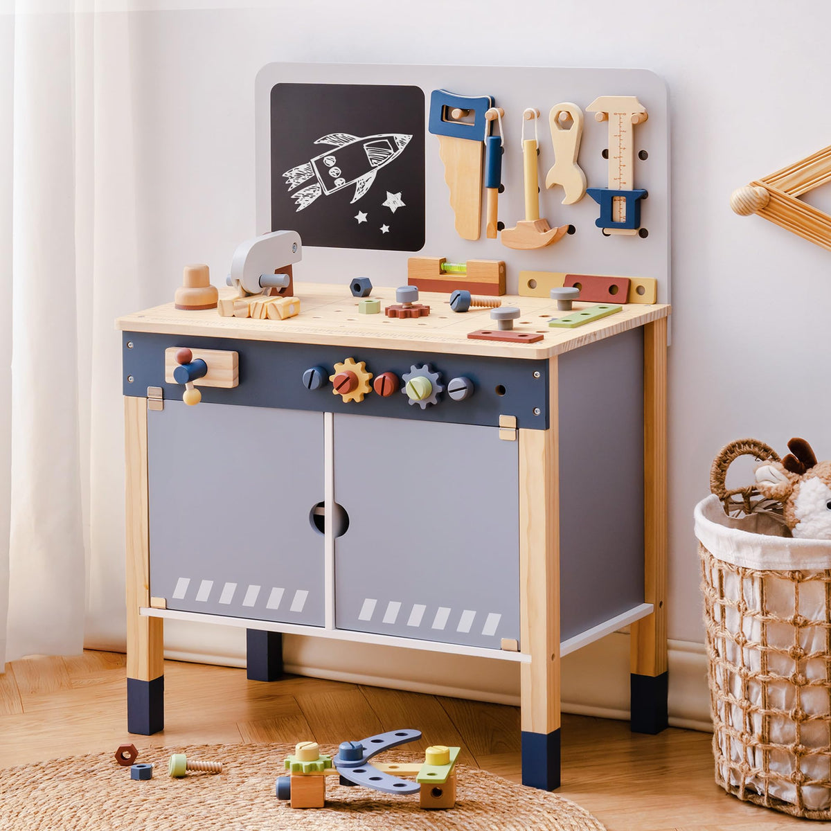 ROBOTIME Kids Tool Bench, Wooden Tool Workbench for Toddler, Tool Bench with Play Tools Set and