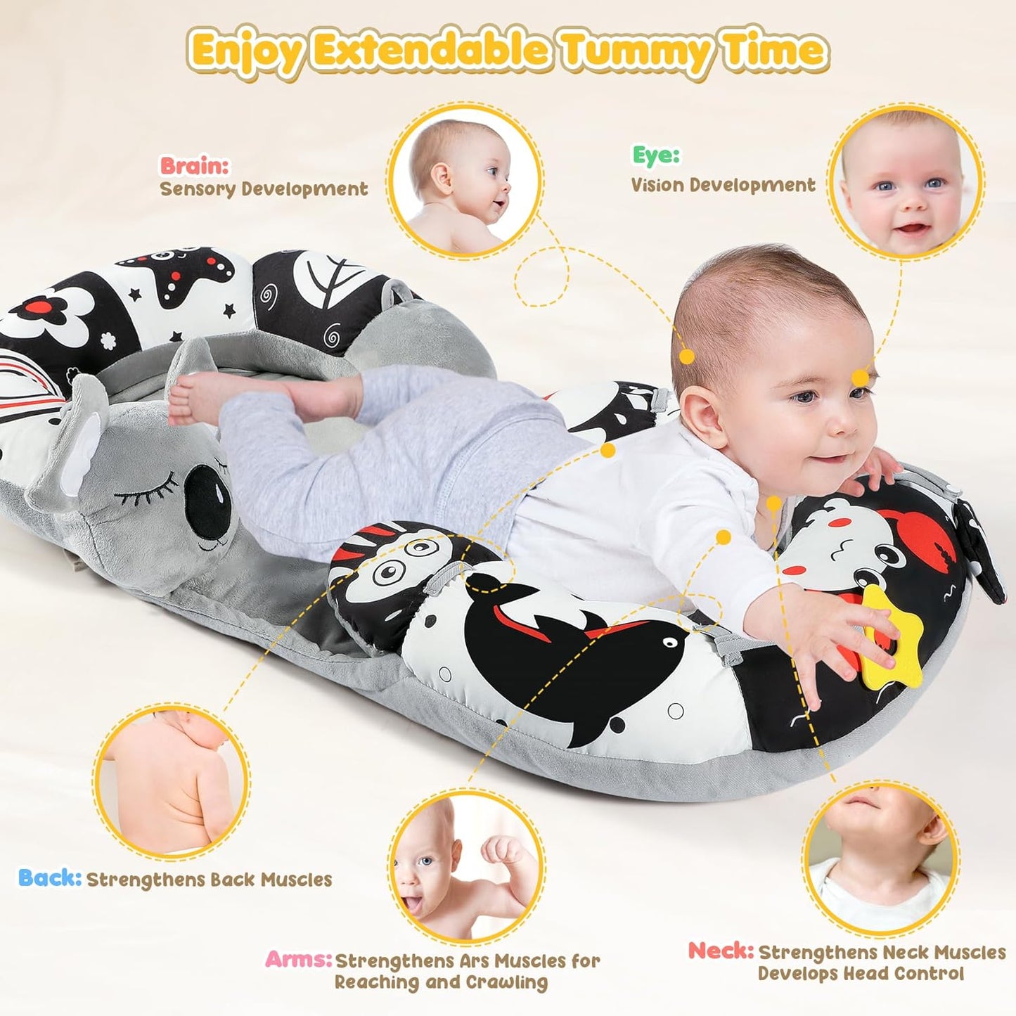 URMYWO Tummy Time Mat - 4 in 1 Cozy Tummy Time & Seated Support Pillow, Tummy Time Pillow for