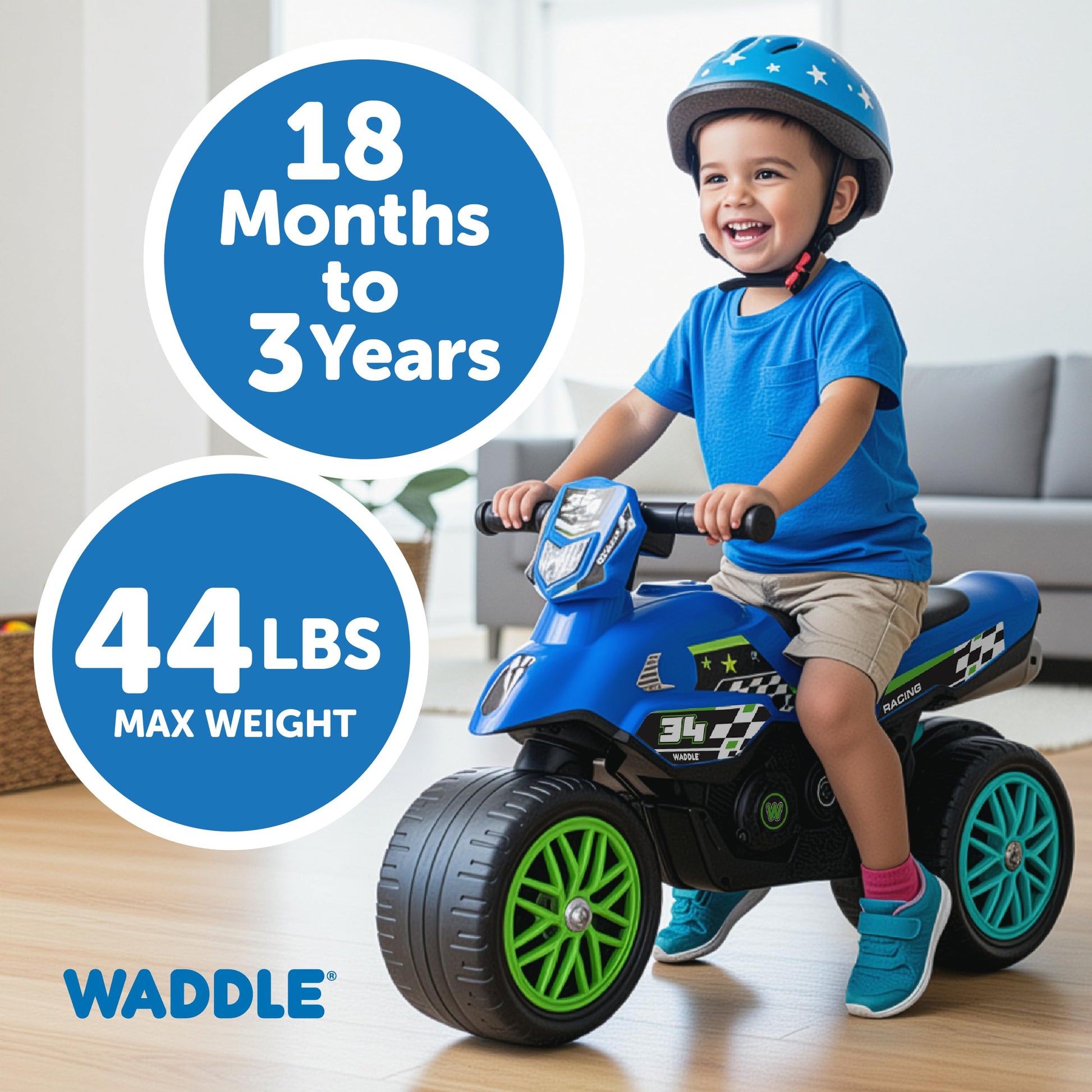 Waddle Kids Motorcycle Balance Bike - Toddler Ride on Toys w/Sounds, Wide Wheel Base, Rubber Coated