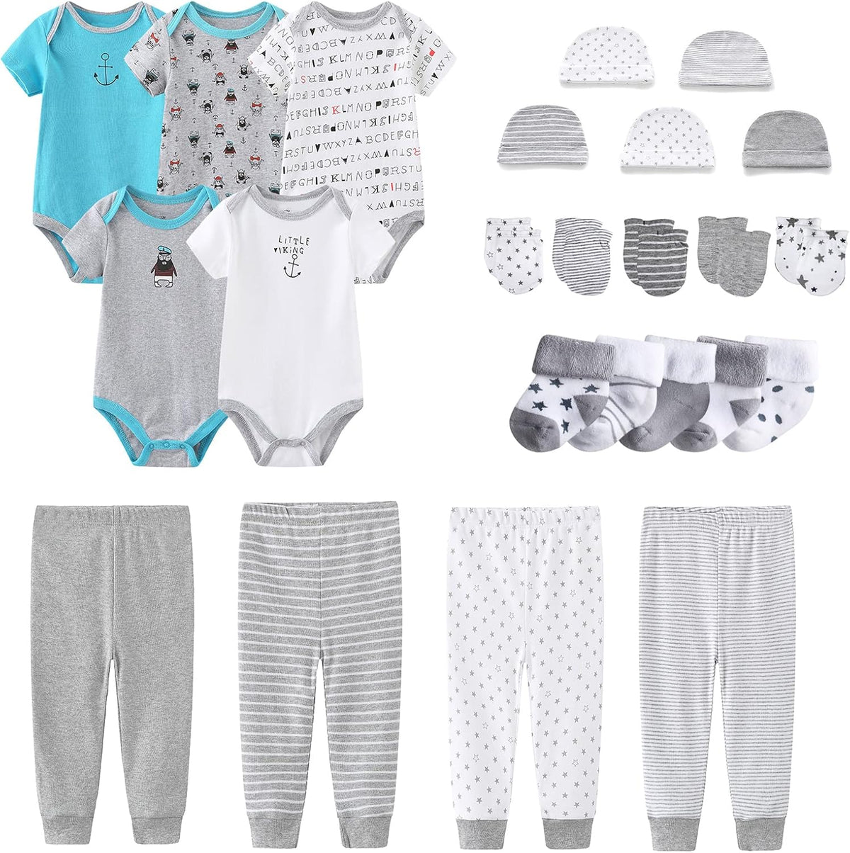 Newborn Layette Gift Set Bodysuits Pants for Baby Girl and Boy 24 Piece 100% Cotton Essentials and