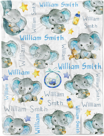Personalized Elephant Baby Blanket for Boy Girl Custom Name Blanket for Baby Shower Customized