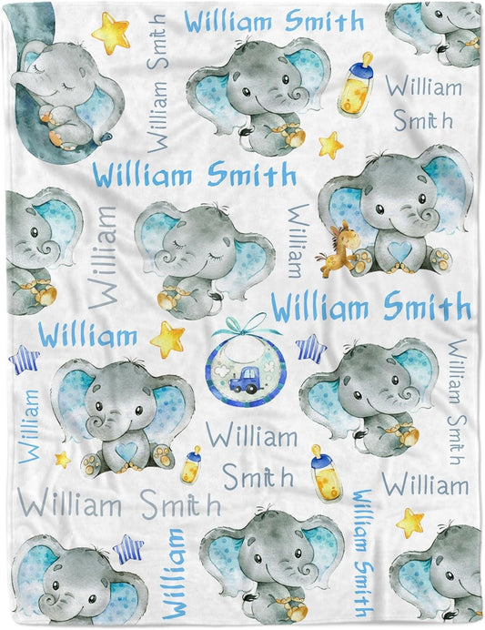 Personalized Elephant Baby Blanket for Boy Girl Custom Name Blanket for Baby Shower Customized