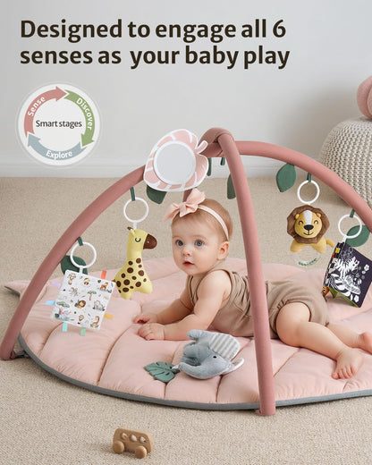 Blissful Diary Baby Play Gym & Activity Mat, Oversize Leaf Shaped Tummy Time Baby Play Mat w 6