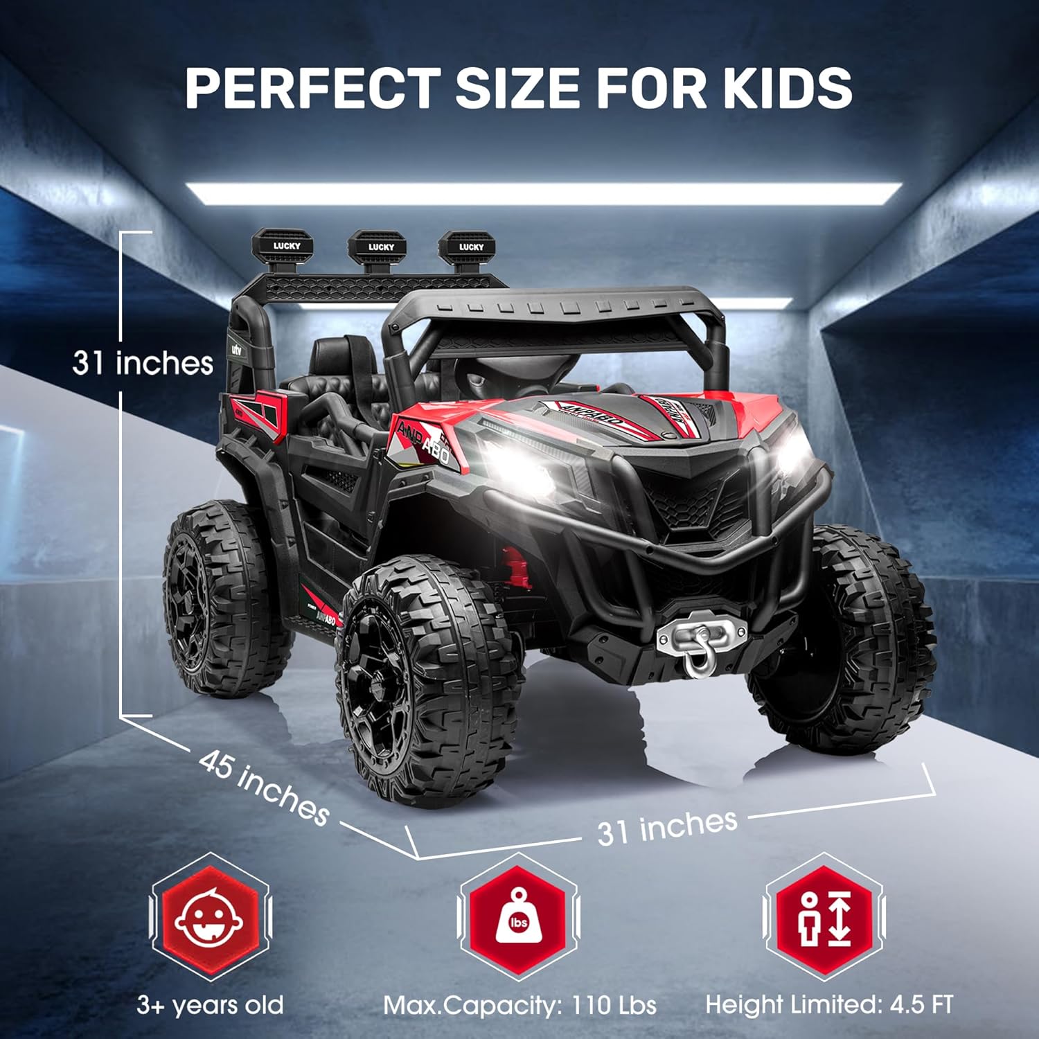 ANPABO 24V 4X4 Ride on Car Truck w/Remote Control, 4WD/2WD Switchable Kids UTV, 19" Spacious Seat