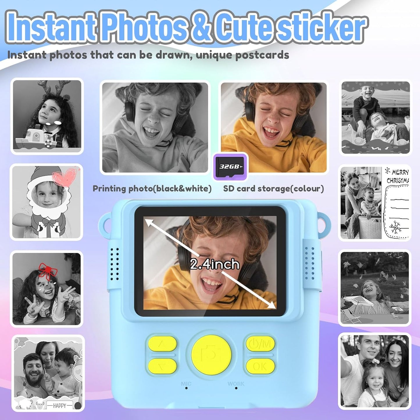 Kids Camera Instant Print, Christmas Birthday Gifts for Kids Age 3-12, Selfie Digital Camera with