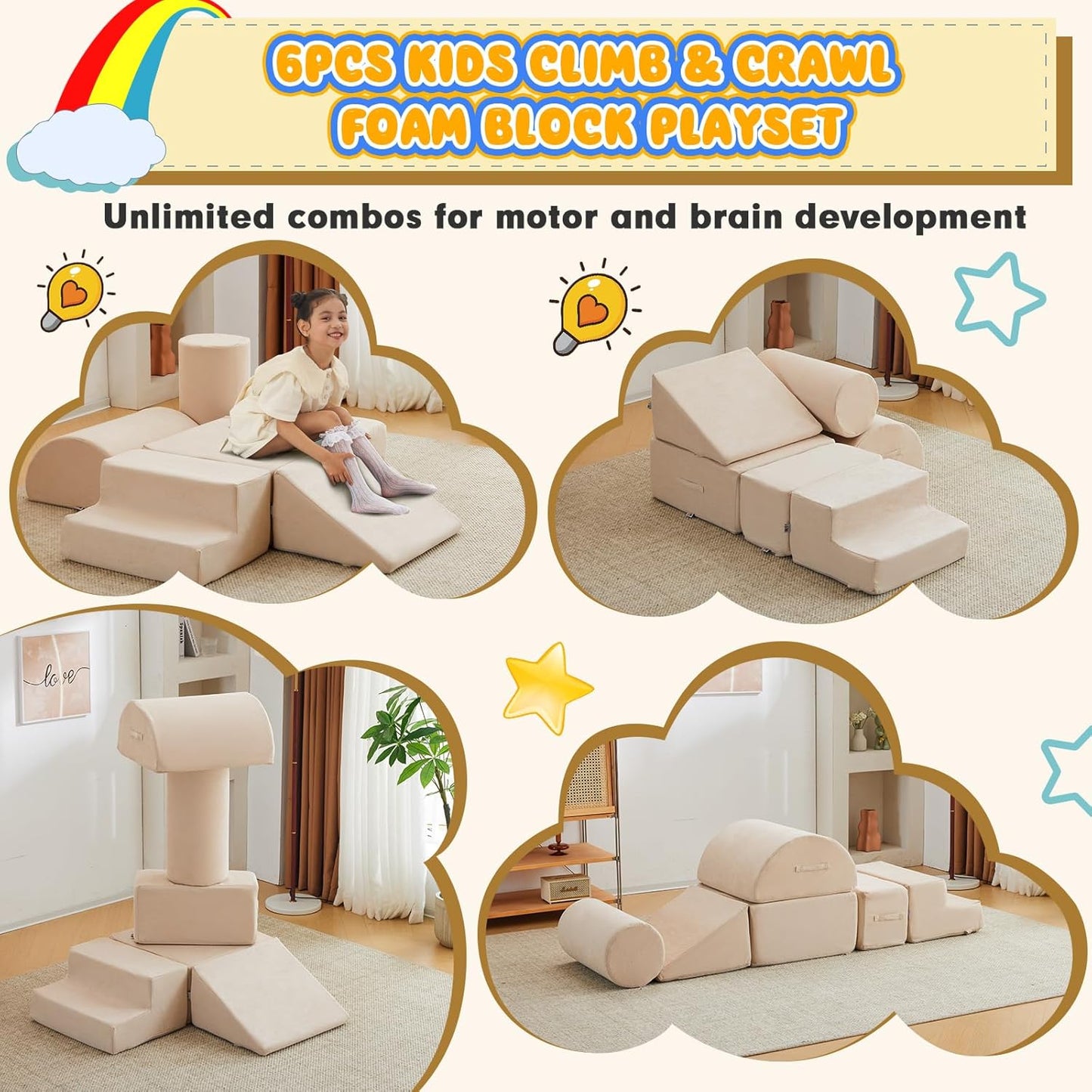 jela Foam Blocks 6Pcs Soft Play Equipment Luxury Miss Fabric, Toddler Climbing Toys Indoor Soft