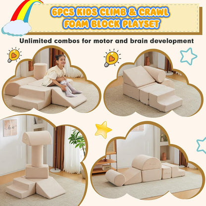 jela Foam Blocks 6Pcs Soft Play Equipment Luxury Miss Fabric, Toddler Climbing Toys Indoor Soft