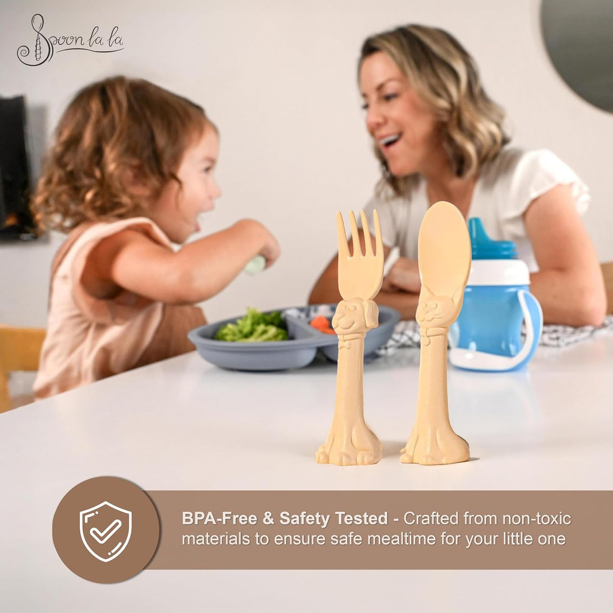 Made in USA Spoon la la Toddler Utensils Set - 6 Pack (3 Spoons & 3 Forks for Kids) - Self-Standing