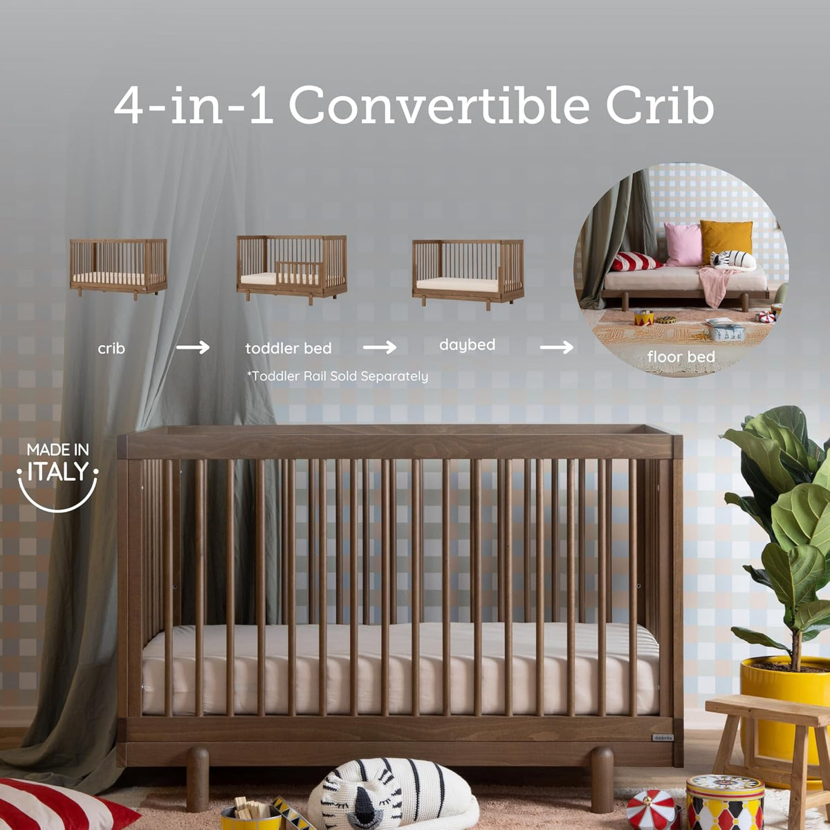 dadada Baby Bliss 4 in 1 Convertible Crib to Toddler Bed & Floor Bed – Made in Italy, GREENGUARD