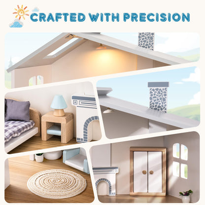 ROBOTIME Wooden Dollhouse, Wooden Doll House with 29 Pieces of Furniture, 6 Rooms Fits 4-6 Inch