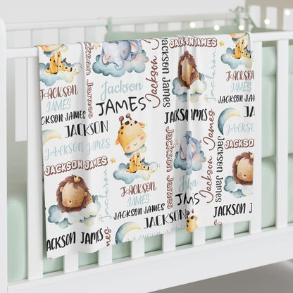 Personalized Baby Blanket for Boys, Custom Baby Blanket with Name, Safari Animal Blanket Name Baby
