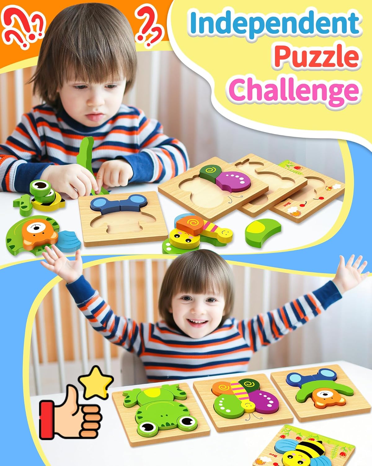 Bekayshad Wooden Puzzles Toddler Toys Gifts for 1 2 3 Year Old Boys Girls, 4 Pack Animal Jigsaw
