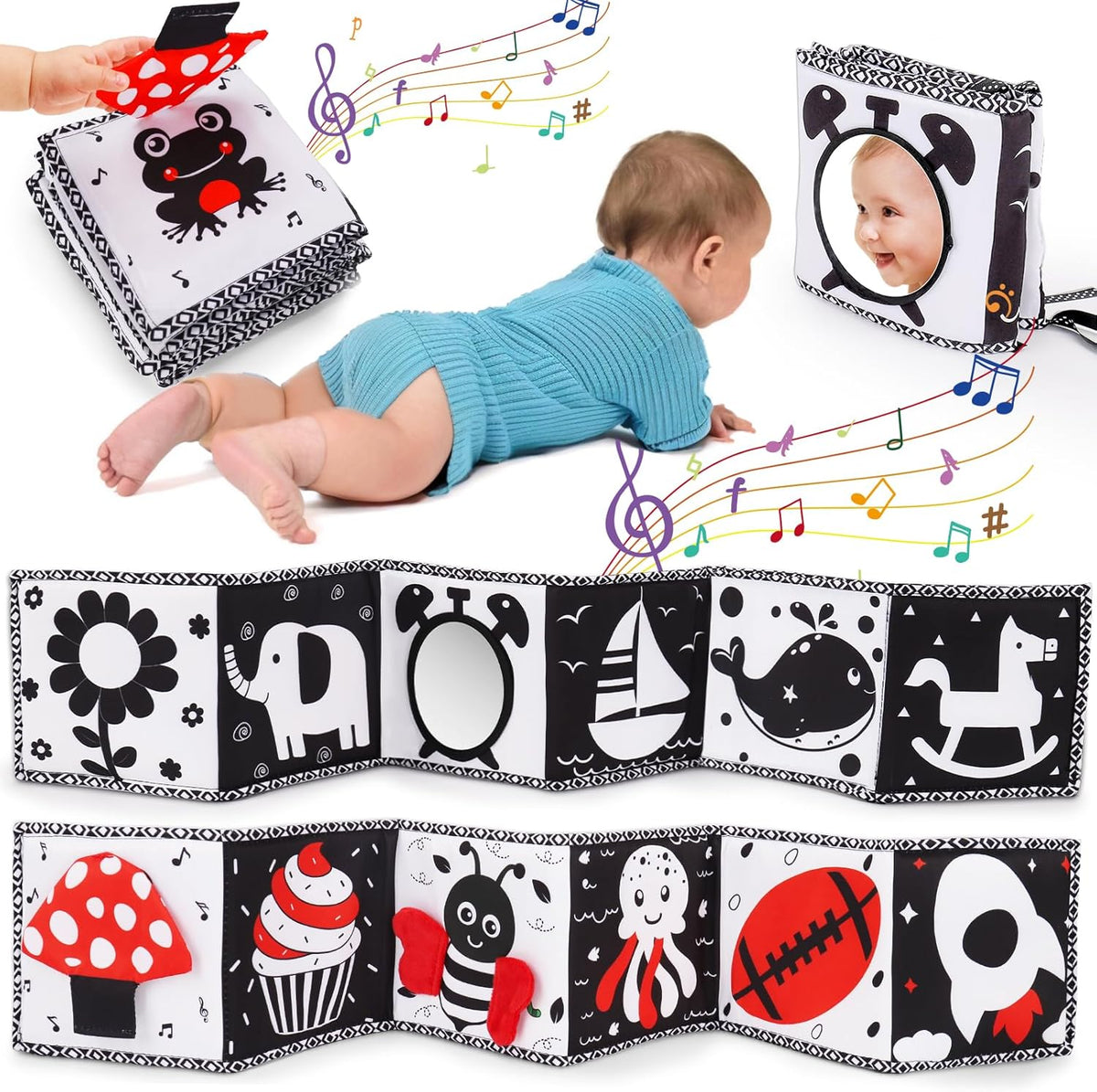 Black and White High Contrast Toys for Baby 0-3 3-6 Months Infant Tummy Time Soft Book Sensory