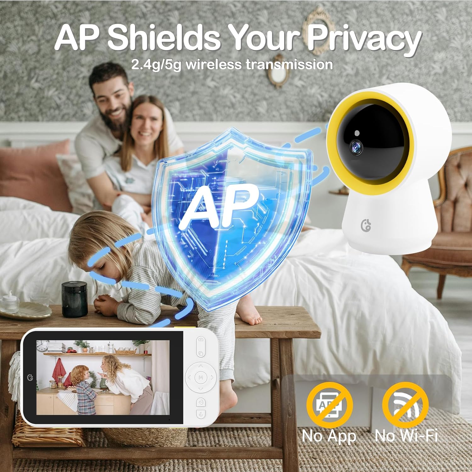 Ellie Baby Monitor No WiFi, Baby Monitor with Camera and Audio, 5" IPS 1080P with Wall Mount