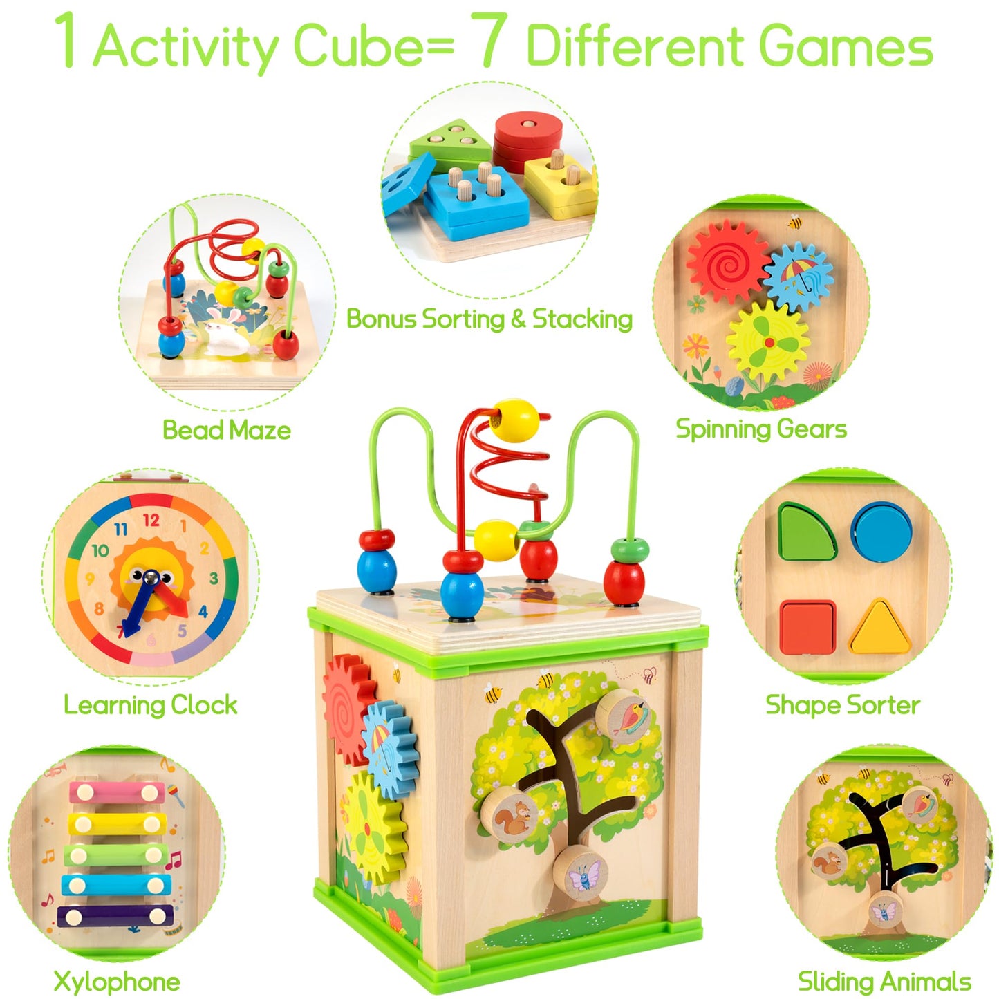 WOODMAM Wooden 7-in-1 Activity Cube, Montessori Toys for 1 2 Year Old