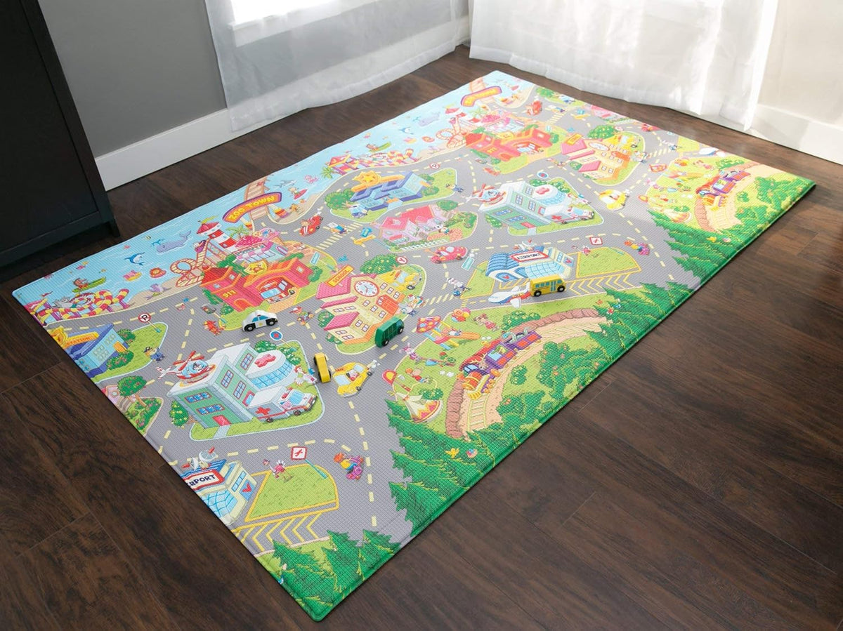 Baby Care Play Mat (Medium, Playful - Zoo Town) 73’’ x 49’’ Original One-Piece Reversible Rollable