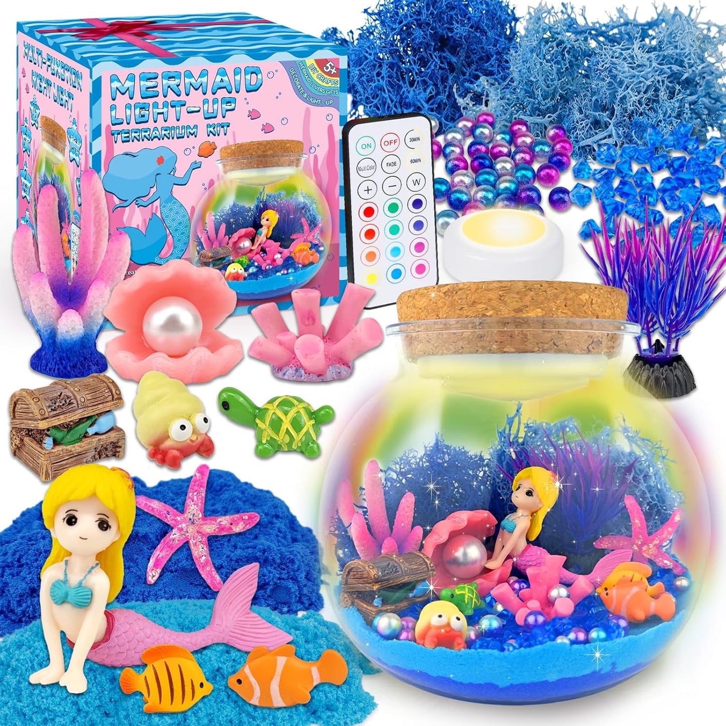 Mermaid Terrarium Craft Kit for Kids - LED Night Light Up & Remote Mermaid Birthday Gifts Toys for
