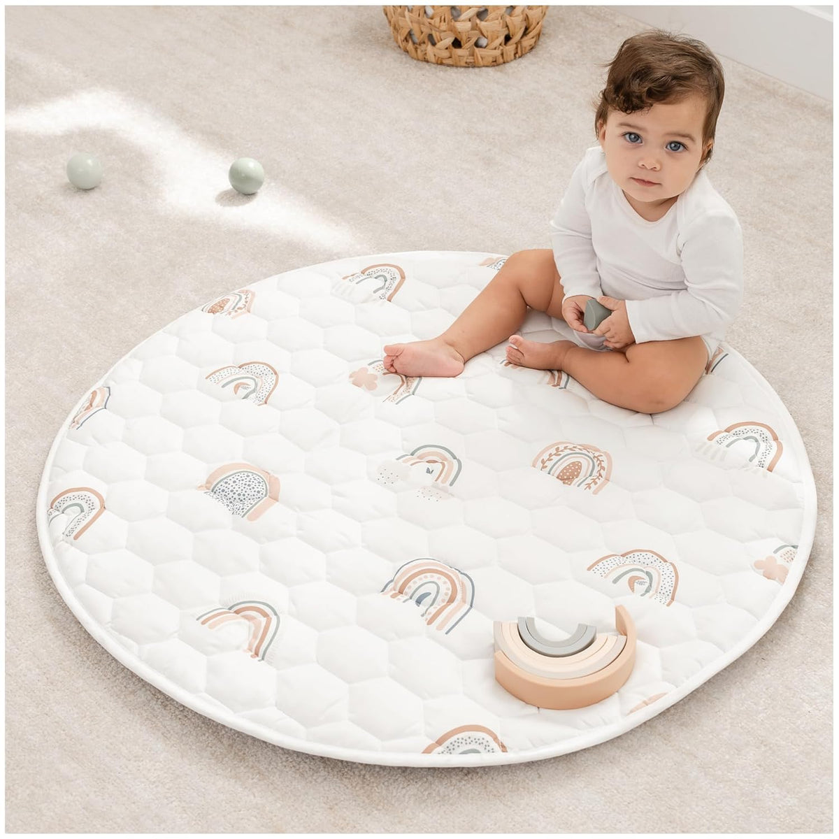 Comfy Cubs Round Kids Play Mat -Small 36 inches Soft Quilted Baby Floor Mat with Non-Slip Bottom