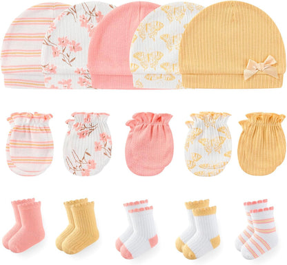 Newborn Baby Boy Girl Caps Mittens Socks Set Cotton Baby Essentials Accessories (Hats+Gloves+Socks)