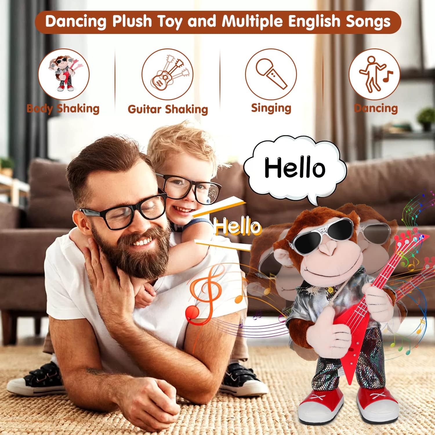 Dancing Monkey Plush Toy, Stuffed Toys, Dancing Singing, Body Shaking, and Guitar Shaking, Punk