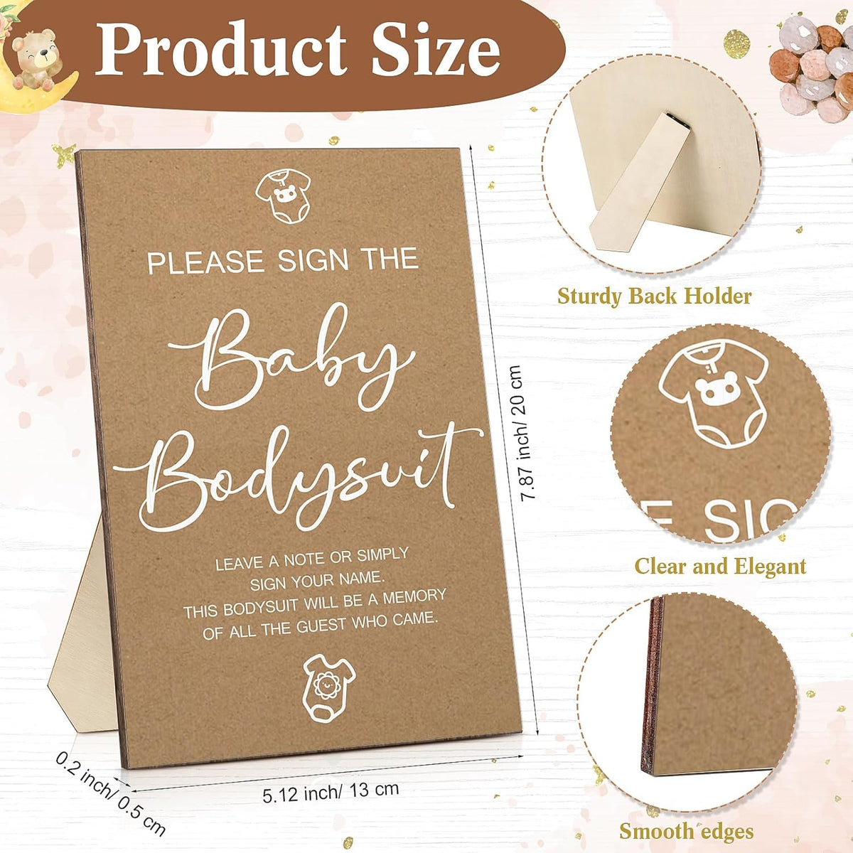 Qunclay 12 Pcs Baby Bodysuit Baby Shower Game Include 1 Game Wooden Sign Tabletop Decor 1 White