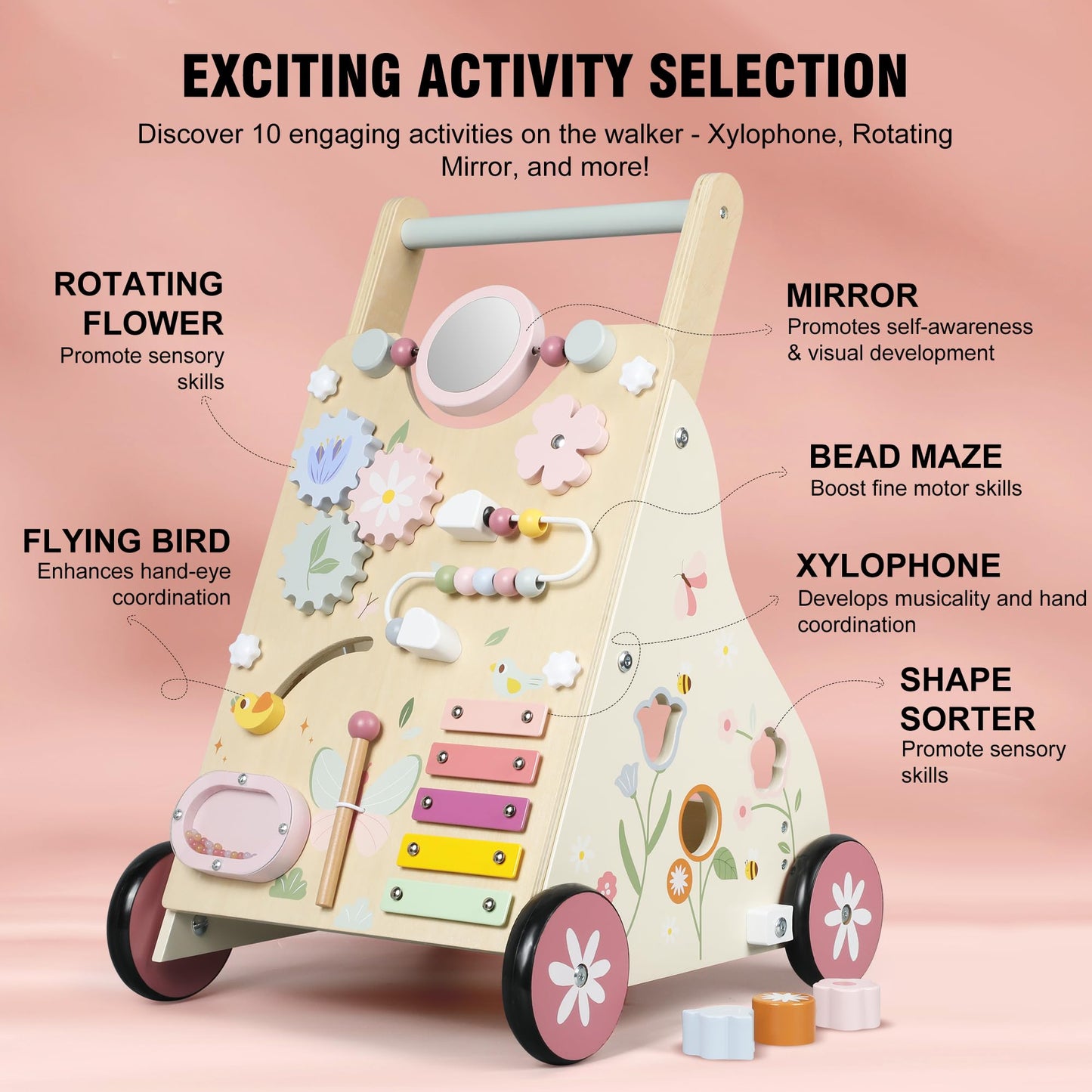 Pithfor Wooden Baby Walker, Baby Push Walker, Push Walker Toys for Babies Learning to Walk &