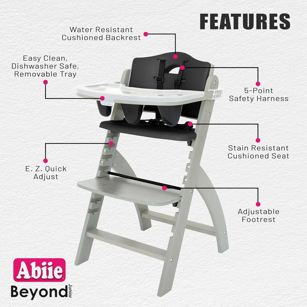 Abiie Beyond Junior Wooden High Chair with Tray - Adjustable and Convertible High Chair for Babies