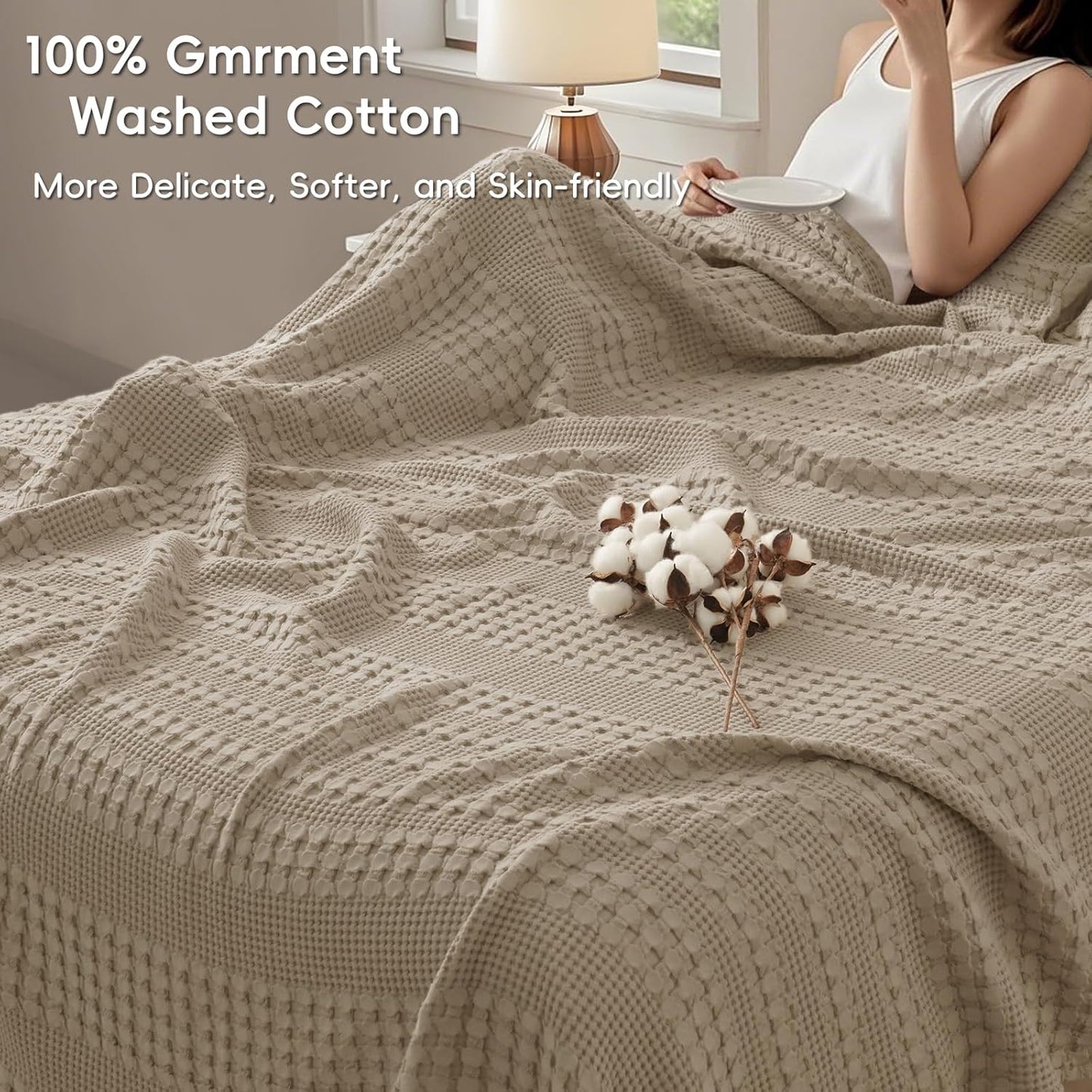 PHF 100% Cotton Waffle Blanket Oversized King 120"x120", Lightweight Breathable Extra Large 10'x10'