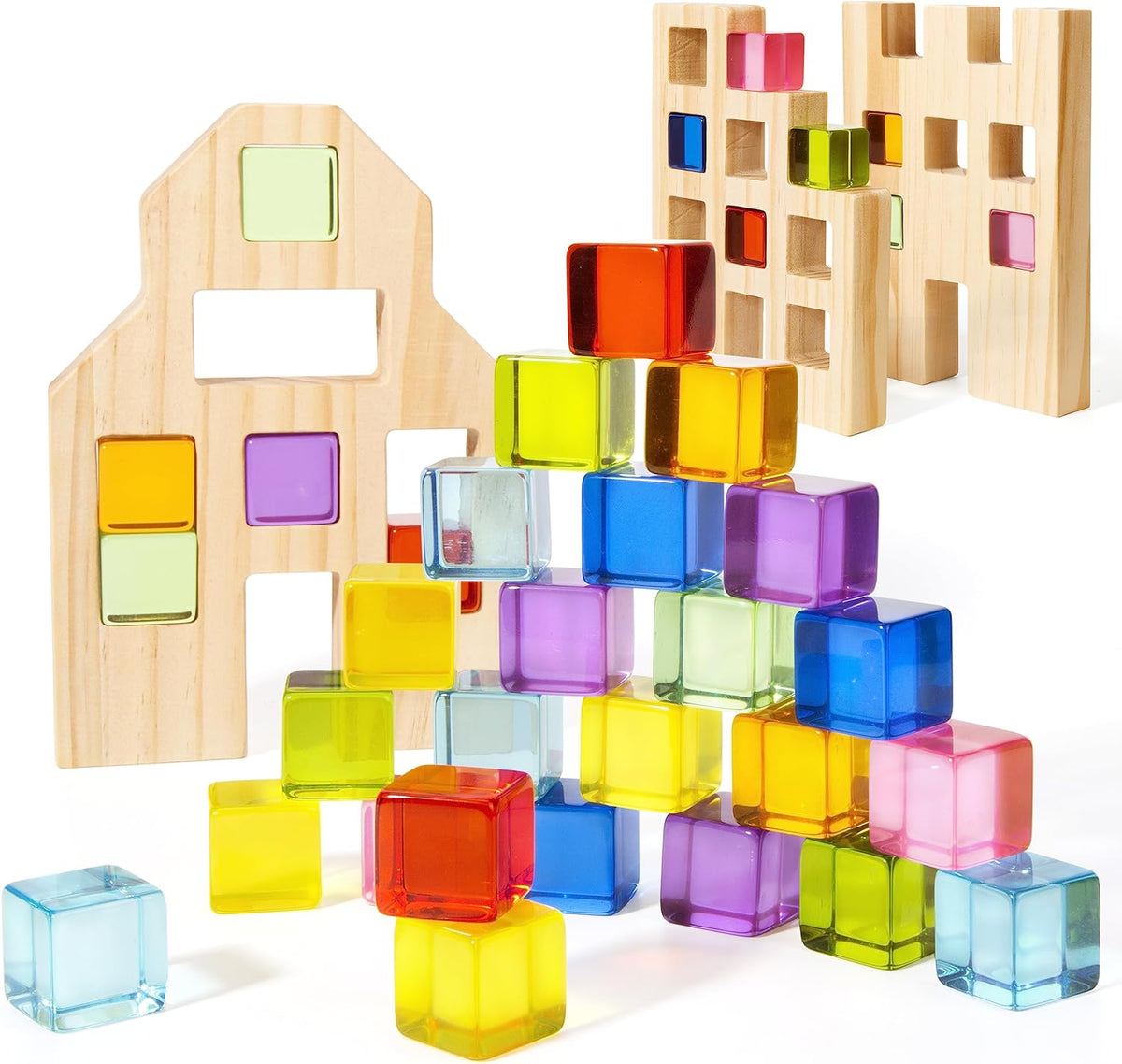 Wooden Building Blocks Set for Kids, 36 PCS Rainbow Acrylic Gem Cubes Blocks - 3 Wood House
