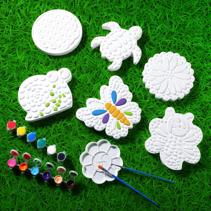 6 Pack Paint Your Own Plaster Stones - Kids Summer Arts and Crafts Garden Handprint Stepping Stone
