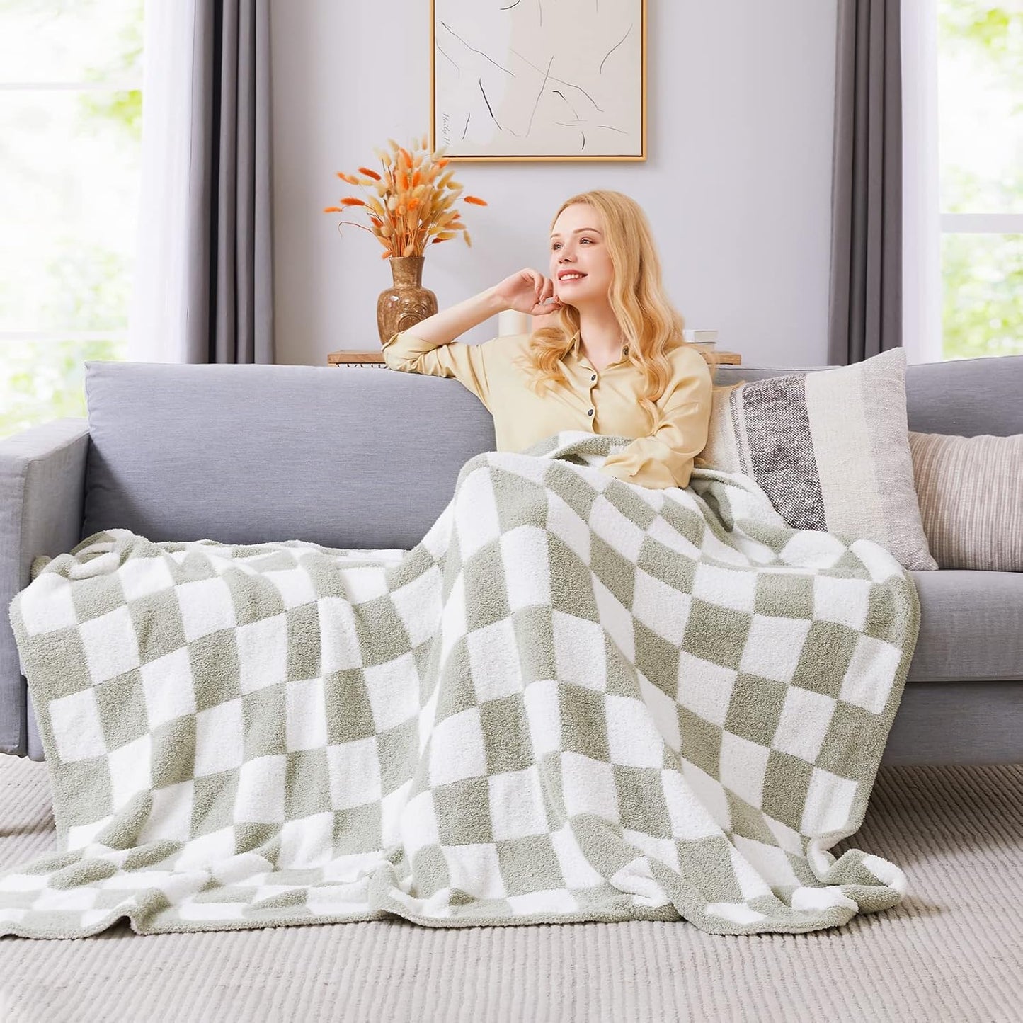 WRENSONGE Checkered Throw Blanket, Sage Green Soft Cozy Fluffy Warm Hand Made Throw Blankets for