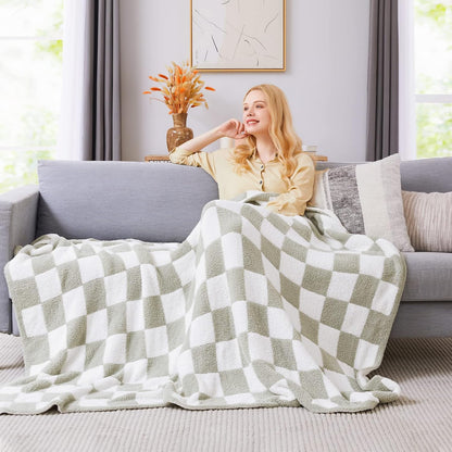 WRENSONGE Checkered Throw Blanket, Sage Green Soft Cozy Fluffy Warm Hand Made Throw Blankets for