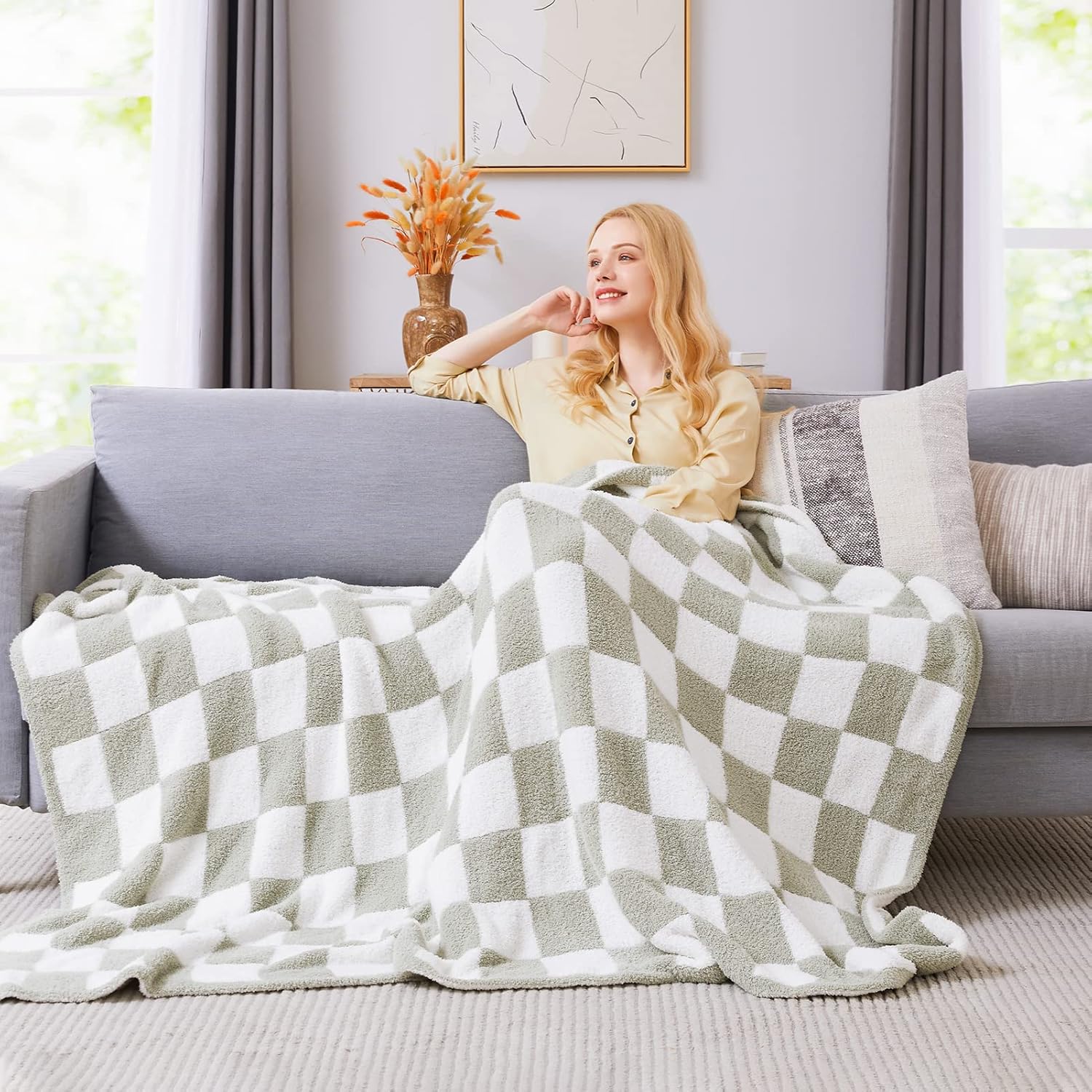 WRENSONGE Checkered Throw Blanket, Sage Green Soft Cozy Fluffy Warm Hand Made Throw Blankets for