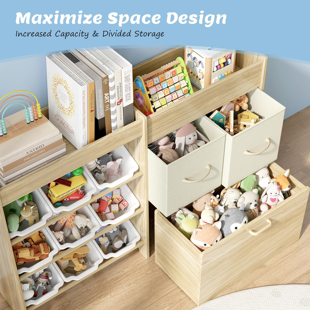 EXPERLAM Toy Storage Organizer for Kids, 9-Bin Toy Organizer with 2-Drawers, Movable Toy Chest and